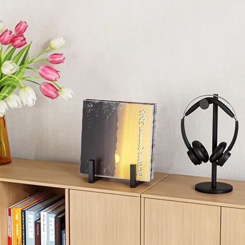 Side view of durable U-shaped black metal media organizer for tabletops