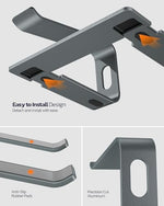 Side angle view of heavy duty five millimeter aluminum alloy laptop holder with a device inside.