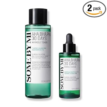 Some By Mi AHA BHA PHA Miracle Toner and Serum packaging front view showing the acne care clear solution.