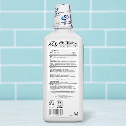 ACT Gentle Mint alcohol free mouthwash bottle showing hydrogen peroxide whitening benefits.