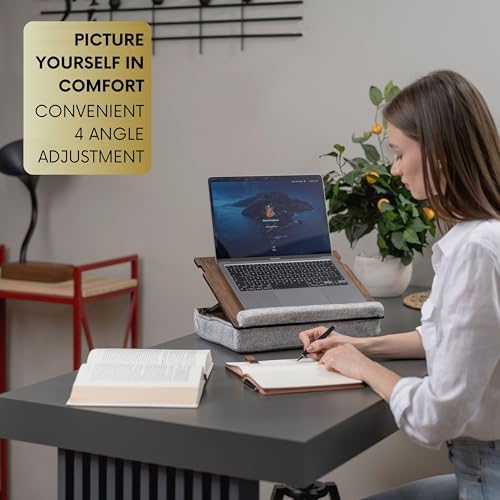 Vigo Wood ergonomic laptop stand for bed being carried easily by its built in handle.