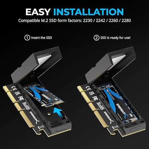 Sabrent tool-free PCIe Gen5 compatible expansion adapter card opened up showing the internal M.2 NVMe SSD installation slot.