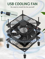 AmRunJe gaming fan placed next to an entertainment console showing the airflow direction