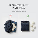 Hypoallergenic chemical free wool drying spheres being placed into a tumble dryer with organic cotton clothing