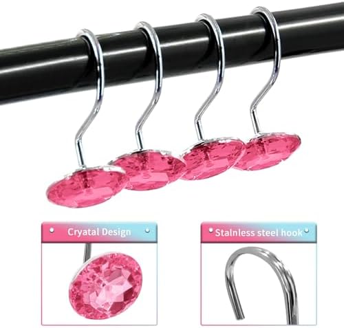 Set of twelve pink crystal decorative bathroom curtain rings on chrome hooks.