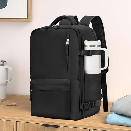 WONHOX carry on rucksack showing the expandable 35 Litre flat-opening main compartment layout.
