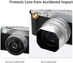 Fujifilm camera with JJC magnetic square hood attached for street photography