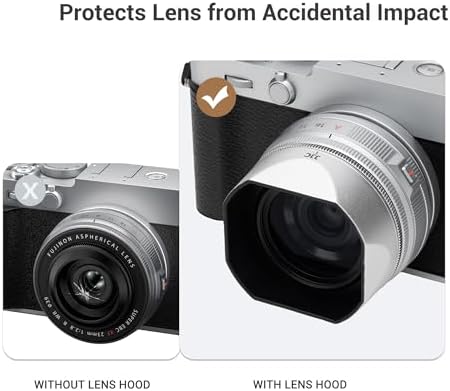 Fujifilm camera with JJC magnetic square hood attached for street photography