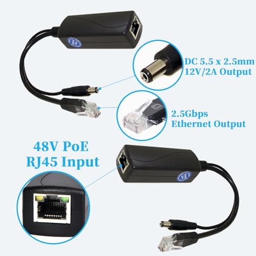 REVODATA 48V to 12V Ethernet adapter demonstrating the plug and play setup layout for security cameras.