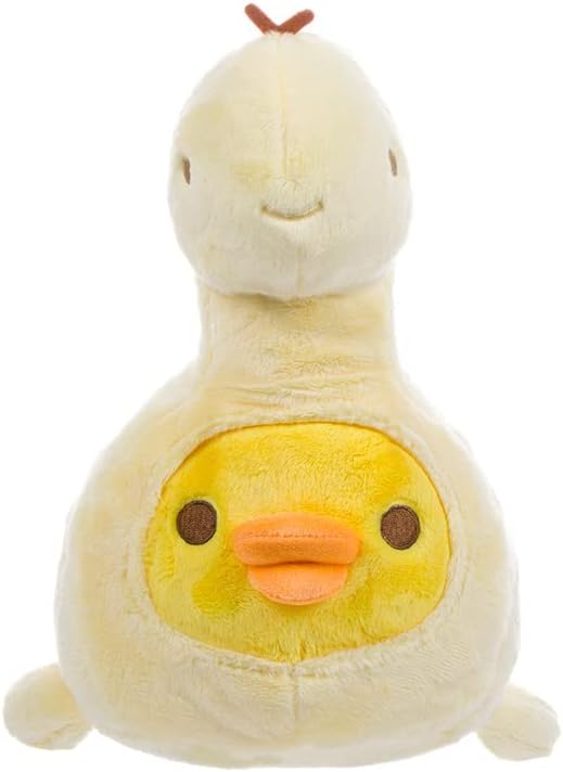 Rilakkuma Kiiroitori plush front view in pastel yellow dinosaur costume