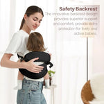 Lightweight travel friendly toddler carrier with backrest side angle view