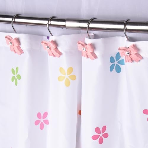 Gifzaa bow knot shower hooks holding a white fabric curtain inside a pastel nursery bathroom.