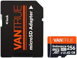 Vantrue high speed memory card positioned next to its included full sized SD card adapter accessory.