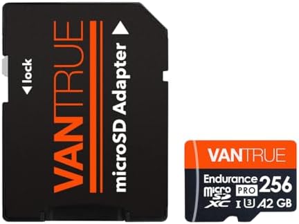 Vantrue high speed memory card positioned next to its included full sized SD card adapter accessory.