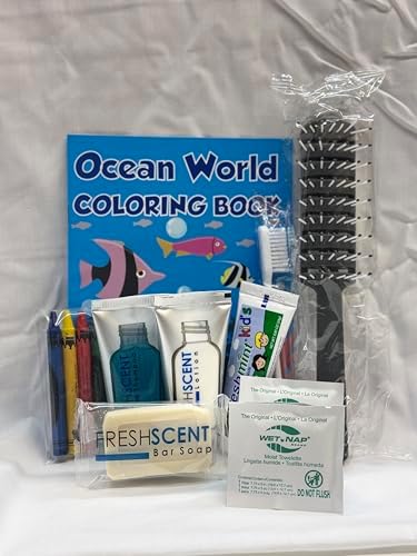 Individual kid friendly toiletry essentials including shampoo lotion and junior toothbrush.