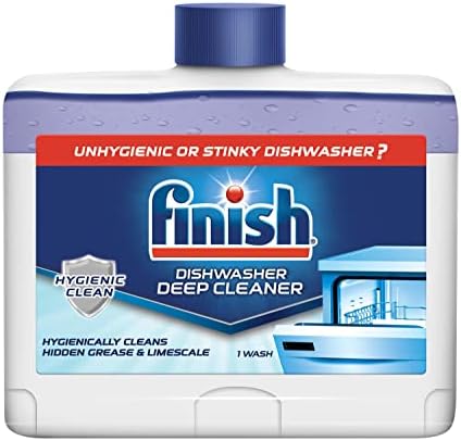 Dishwasher maintenance liquid bottle showing wax plug for easy application.