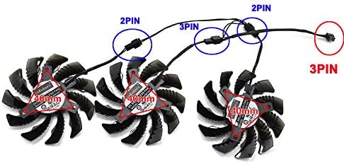 Three piece set of inRobert GPU replacement fans displaying the wire layout and power connector hookup