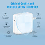 Side perspective view of the compact white portable wall adapter highlighting the sleek form factor layout