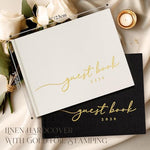 Lanpn wedding guest book showing gold embossed cover details