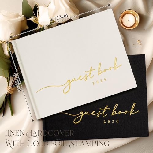 Lanpn wedding guest book showing gold embossed cover details