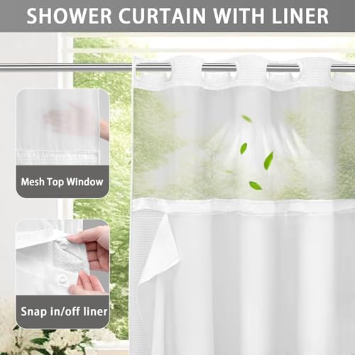 White waffle weave shower curtain close up texture with sheer mesh top window