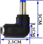 Close up look at the right corner L shaped 5.5mm by 2.1mm male power connector prong with blue detail accent.