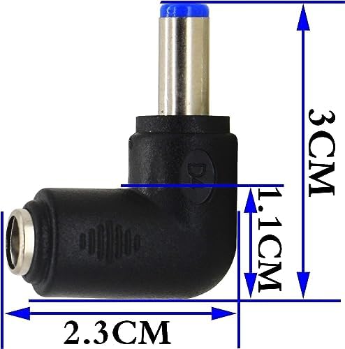 Close up look at the right corner L shaped 5.5mm by 2.1mm male power connector prong with blue detail accent.