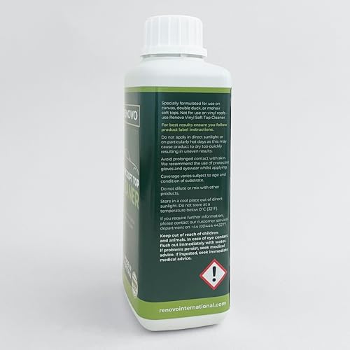 Water-based silicone-free Renovo fabric roof cleaner removing dirt and algae from canvas.