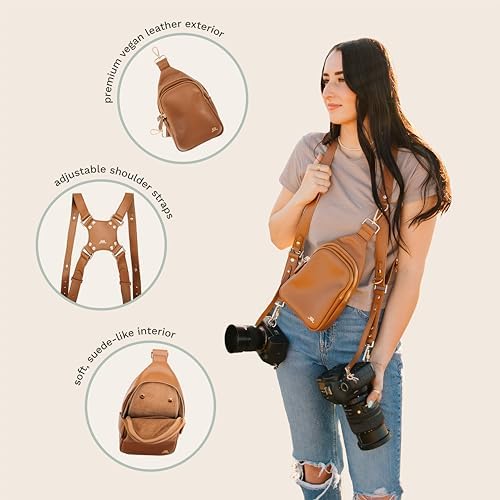 Rr Ruby+Rae double camera chest harness showing ergonomic X-back strap configuration for weight distribution.
