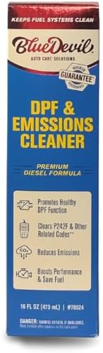 BlueDevil Diesel particulate filter cleaner showing product details and maintenance error code compatibility