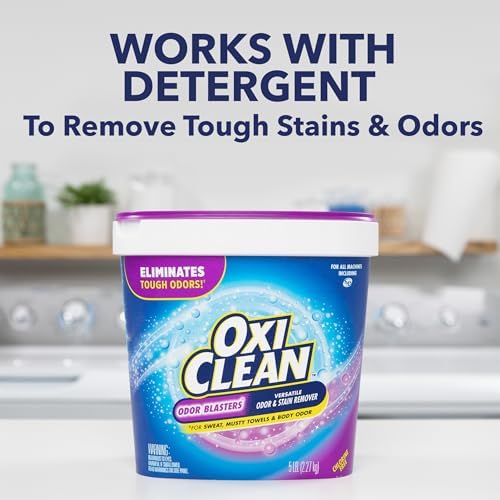 OxiClean Odor Blasters 5lb tub showing laundry soaking instructions
