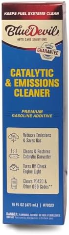 BlueDevil 70523 emissions cleaner bottle showing instructions for removing engine carbon deposits