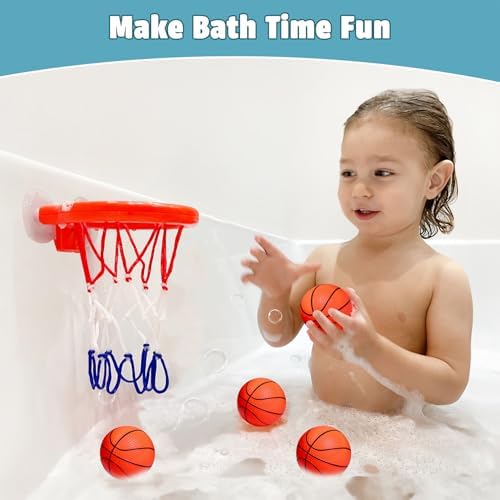 Toddler playing with Marppy bath basketball hoop in the tub
