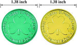 Close-up of Elcoho shamrock coins highlighting the detailed double-sided embossed festive lettering