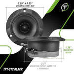 The complete retail packaging layout of the Timpano 600 watt 4 Ohm car audio super tweeters set.