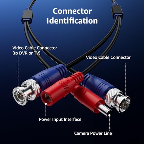 Full package contents layout containing four thirty meter surveillance camera cords and extra connectors.