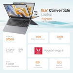 EYY convertible notebook fully rotated into tablet mode illustrating the thin form factor and responsive touch screen interface.