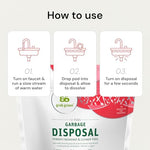 Instructions illustration for using Grab Green garbage disposal freshener pods