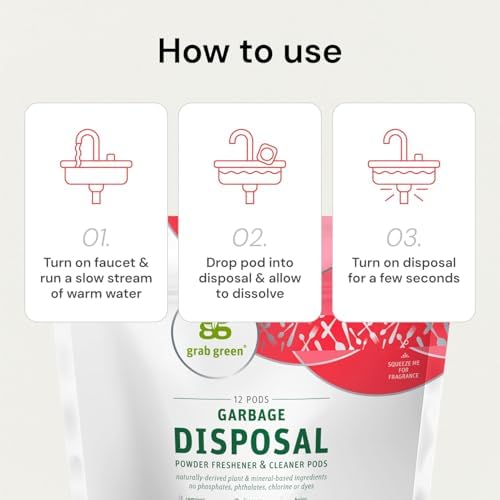 Instructions illustration for using Grab Green garbage disposal freshener pods