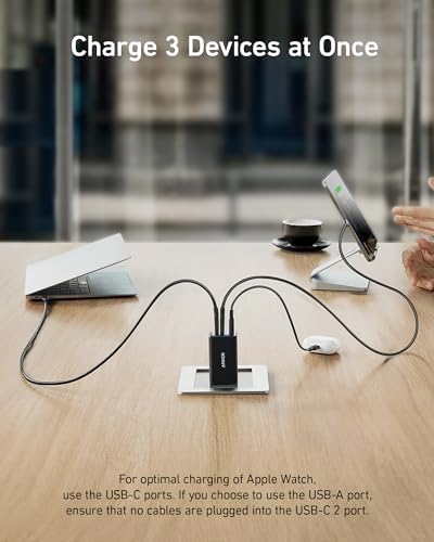 Anker premium 3 port power delivery adapter showing comparison scale alongside an everyday wireless earphone case.