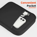 Multifunctional gadget storage sleeve loaded with a tablet and charging cables.