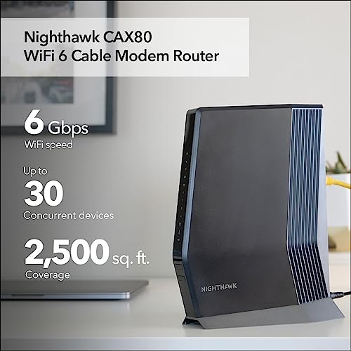 Netgear AX6000 WiFi 6 modem router sleek black vertical design showcasing status indicator lights