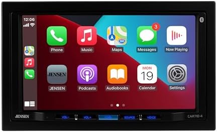 Jensen double DIN multimedia receiver displaying the Android Auto main menu screen.