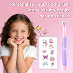 JTF rechargeable toothbrush for ages 3 to 12 with fun DIY sticker set for personalization.
