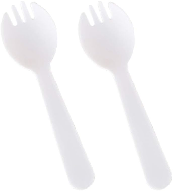 100 PCS Mini Plastic Spork Plastic Forks and Spoons Disposable 2 in 1 Sporks Plastic Disposable Sporks for Camping Picnics Parties and Weddings, Small, White - Image 1