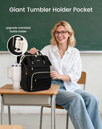 Side angle view of the women laptop bag highlighting the oversized giant tumbler holder pocket.