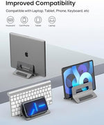 Under desk tech organization featuring an imported aluminum vertical device stand