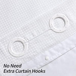 Detachable waterproof snap-on liner being removed from the MitoVilla white shower curtain.