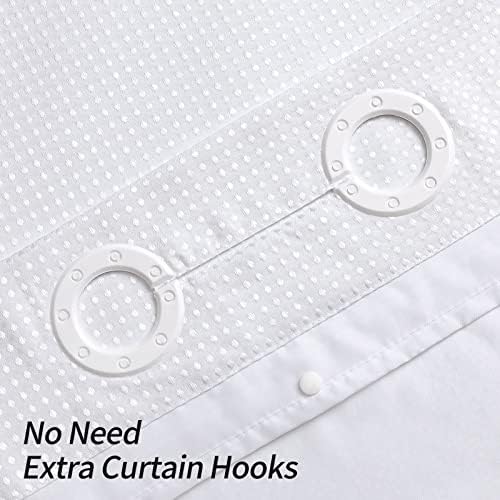 Detachable waterproof snap-on liner being removed from the MitoVilla white shower curtain.