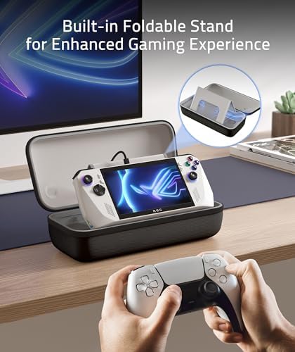 Syntech gaming case interior showing storage slots filled with an AC charger power bank and memory cards.